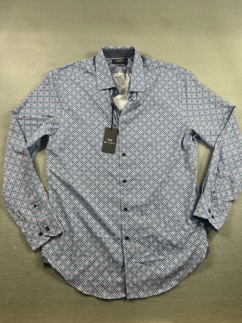 WRK 4-Way Stretch Blue Shirt Size 16.5, Long Sleeve Diamond Pattern, Men's